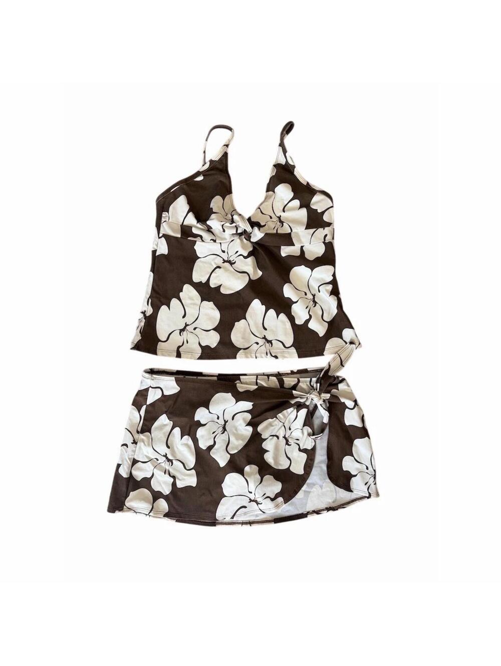 Vintage Next by Athena 2 Piece Swimsuit Womens XL Brown White Floral Underwire